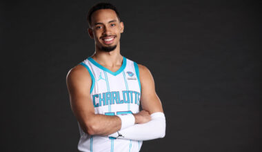 Amari Bailey #10 of the Charlotte Hornets poses for a portrait during Charlotte Hornets Media Day a...