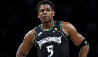 Anthony Edwards wearing a throwback Timberwolves uniform