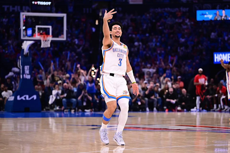 OKLAHOMA CITY, OKLAHOMA - FEBRUARY 7: Jared McCain #3 of the Oklahoma City Thunder celebrates a made basket during the second half against the Houston Rockets at Paycom Center on February 7, 2026 in Oklahoma City, Oklahoma. NOTE TO USER: User expressly acknowledges and agrees that, by downloading and or using this photograph, User is consenting to the terms and conditions of the Getty Images License Agreement. (Photo by Joshua Gateley/Getty Images)