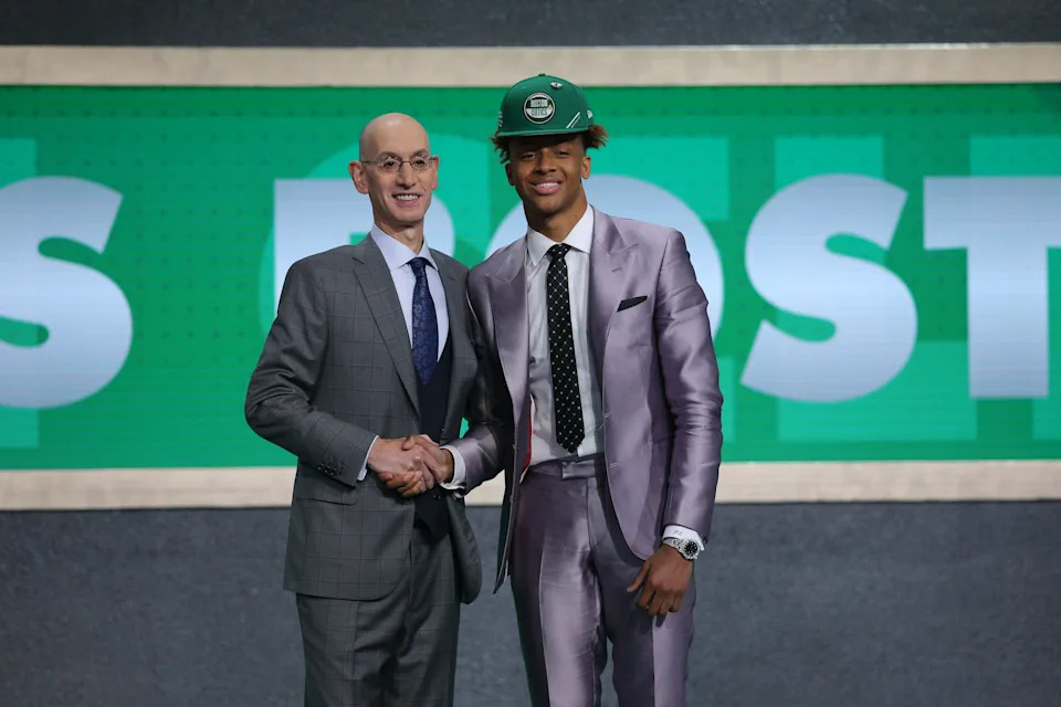 Jun 20, 2019; Brooklyn, NY, USA; Romeo Langford (Indiana) greets NBA commissioner Adam Silver after being selected as the number fourteen overall pick to the Boston Celtics in the first round of the 2019 NBA Draft at Barclays Center. Mandatory Credit: Brad Penner-USA TODAY Sports