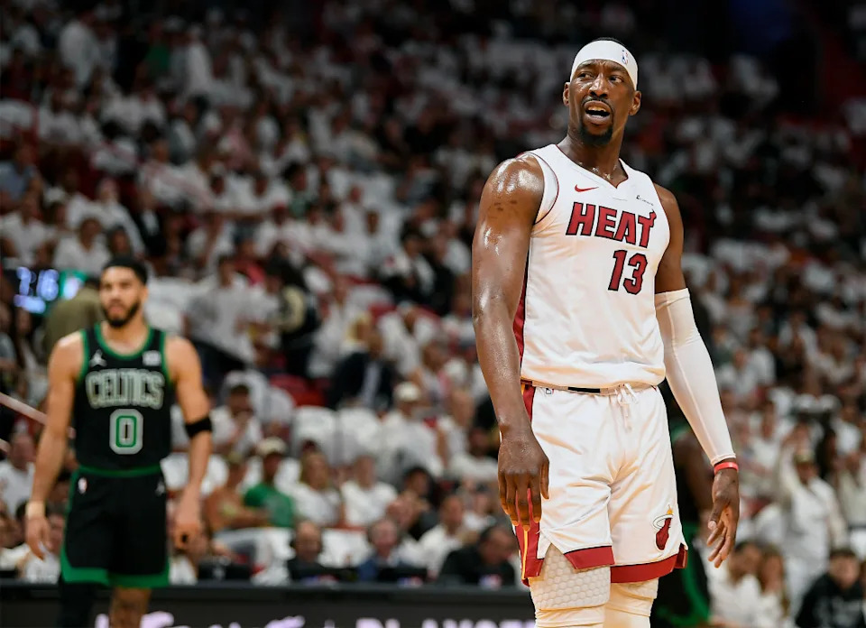 Miami Heat center Bam Adebayo (13) looks for a foul call during the first quarter against the Boston Celtics.© Michael Laughlin-USA TODAY Sports