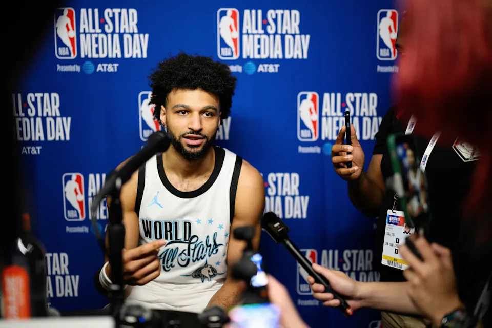 Feb 14, 2026; Inglewood, California, USA; Jamal Murray speaks during interviews at media day at Intuit Dome. Mandatory Credit: William Liang-Imagn Images