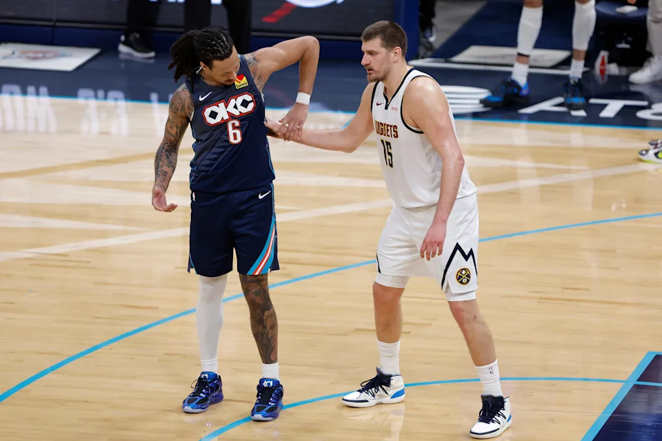 Feb 27, 2026; Oklahoma City, Oklahoma, USA; Oklahoma City Thunder forward Jaylin Williams (6) and Denver Nuggets center Nikola Jokić (15) during overtime at Paycom Center. Mandatory Credit: Alonzo Adams-Imagn Images