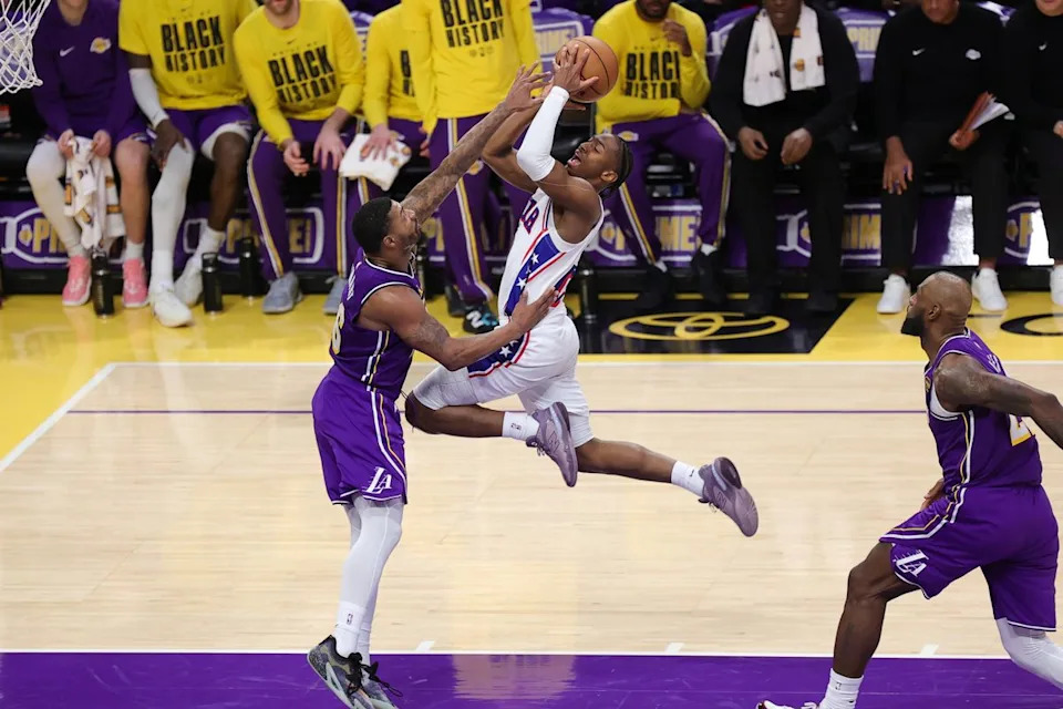 Philadelphia 76ers guard Tyrese Maxey (0) glides in for a lay up during an NBA game against the Los Angeles Lakers on February 5, 2026.