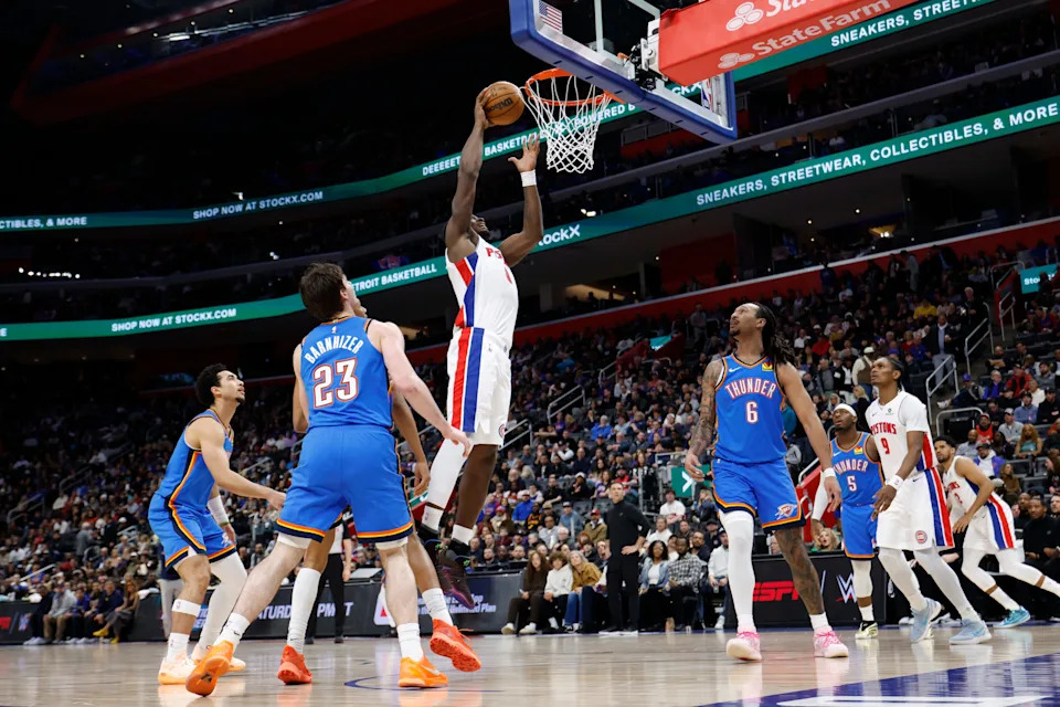 Feb 25, 2026; Detroit, Michigan, USA; Detroit Pistons center Jalen Duren (0) dunks in the first half against the Oklahoma City Thunder at Little Caesars Arena. Mandatory Credit: Rick Osentoski-Imagn Images