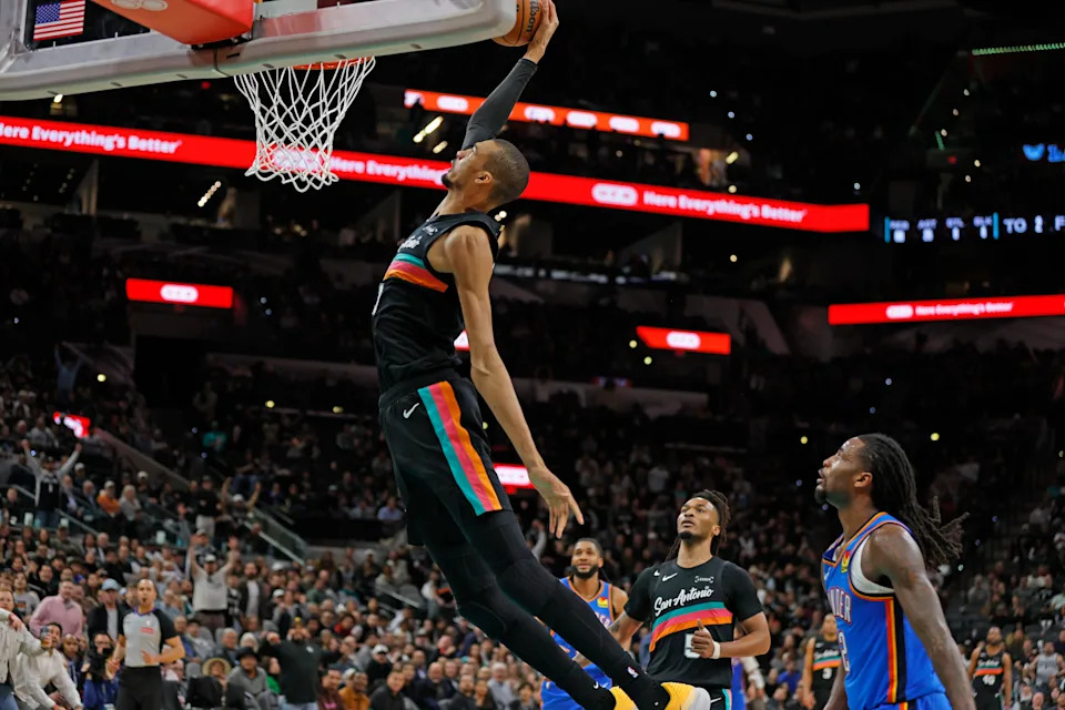 SAN ANTONIO, TX - FEBRUARY 4: Victor Wembanyama #1 of the San Antonio Spurs dunks against the Oklahoma City Thunder in the second half at Frost Bank Center on February 1, 2026 in San Antonio, Texas. NOTE TO USER: User expressly acknowledges and agrees that, by downloading and or using this photograph, User is consenting to terms and conditions of the Getty Images License Agreement. (Photo by Ronald Cortes/Getty Images)