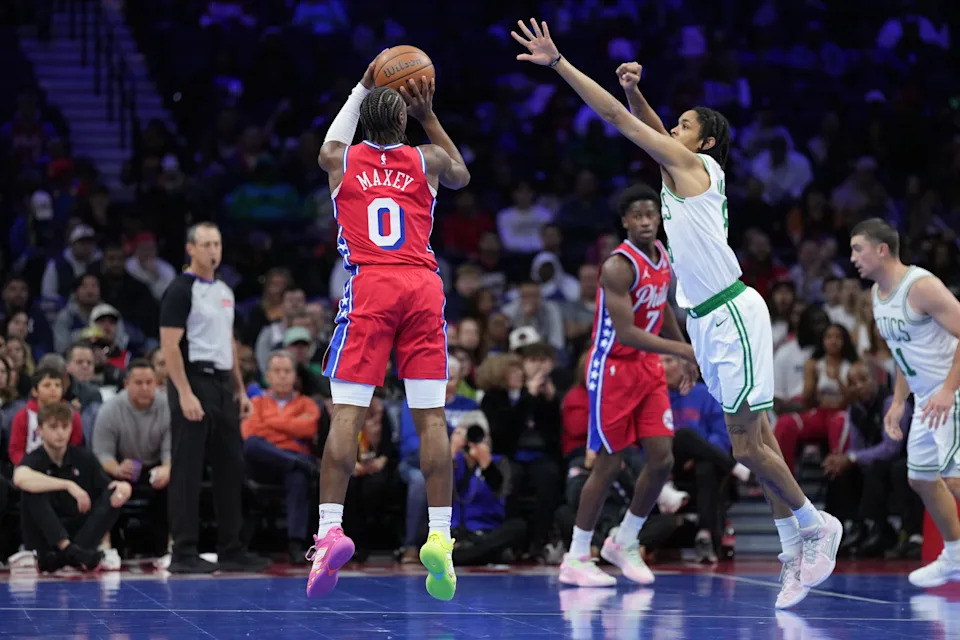 Oct 31, 2025; Philadelphia, Pennsylvania, USA; Philadelphia 76ers guard Tyrese Maxey (0) shoots the ball against the Boston Celtics in the first quarter at Xfinity Mobile Arena. Mandatory Credit: Kyle Ross-Imagn Images