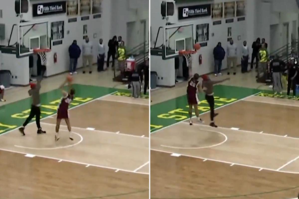 Fan runs onto court to stop shot attempt in wild college basketball scene