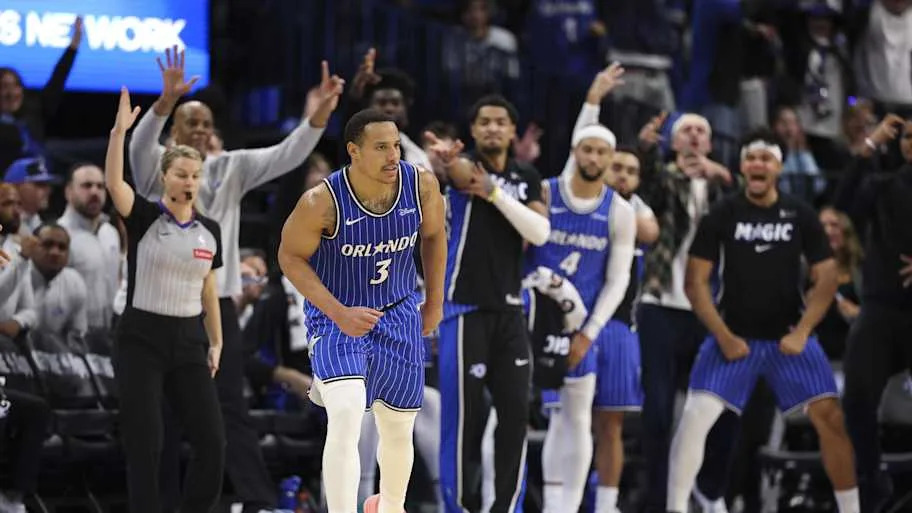 Orlando Magic guard Desmond Bane reacts after a three-point basket against the Toronto Raptors