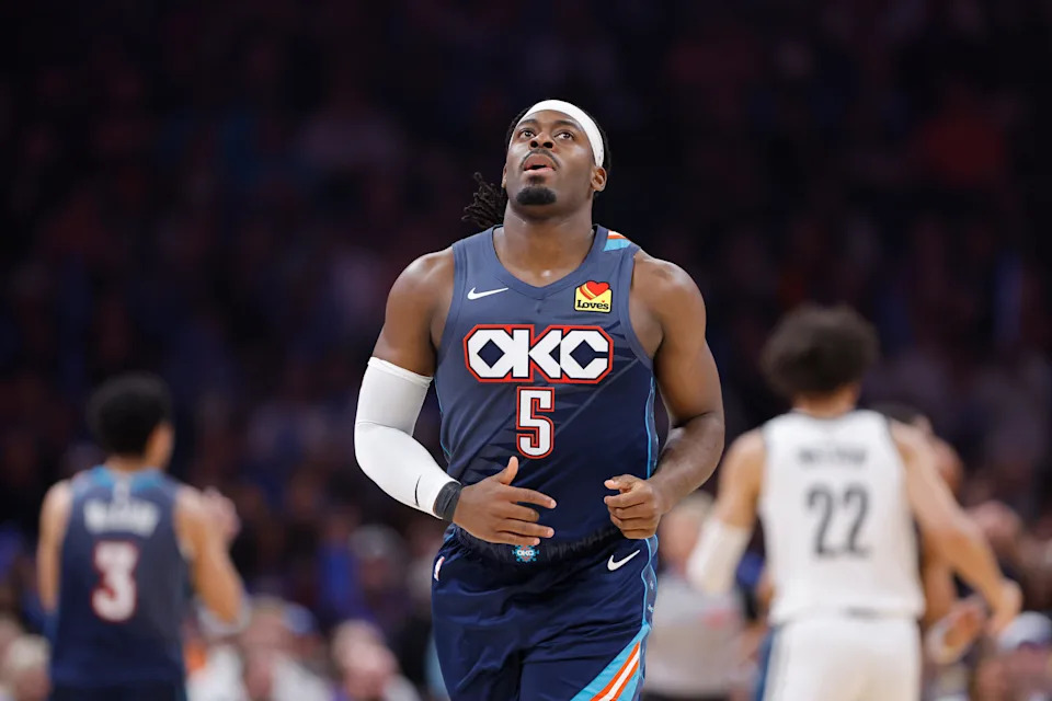 Feb 20, 2026; Oklahoma City, Oklahoma, USA; Oklahoma City Thunder guard Luguentz Dort (5) runs down the court against the Brooklyn Nets during the second half at Paycom Center. Mandatory Credit: Alonzo Adams-Imagn Images