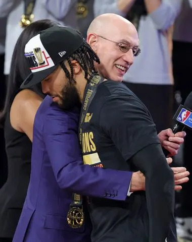 Adam Silver and Jalen Brunson at T-Mobile Arena on Dec. 16, 2025 in Las Vegas Ethan Miller/Getty