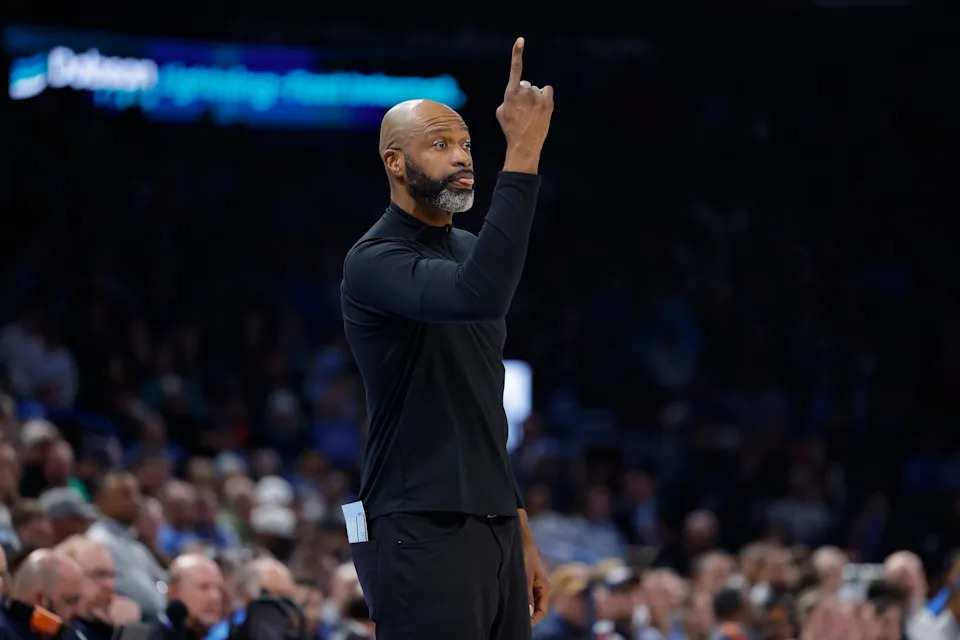 Feb 3, 2026; Oklahoma City, Oklahoma, USA; Orlando Magic Head Coach Jamahl Mosley gestures to his team during a play against the Orlando Magic during the second half at Paycom Center. Mandatory Credit: Alonzo Adams-Imagn Images