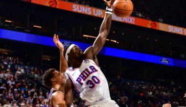 Adem Bona #30 of the Philadelphia 76ers grabs the rebound during the game against the Phoenix Suns at PHX Arena in Phoenix, Arizona, February 7, 2026. (AFP Photo)