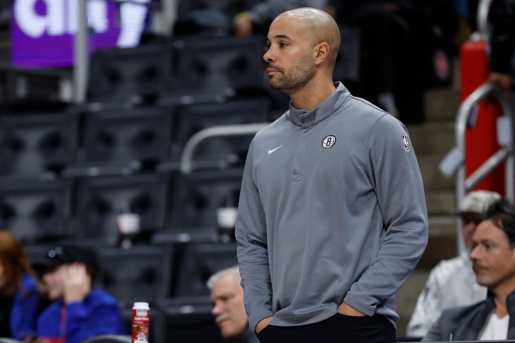 Brooklyn Nets head coach Jordi Fernandez looks on.