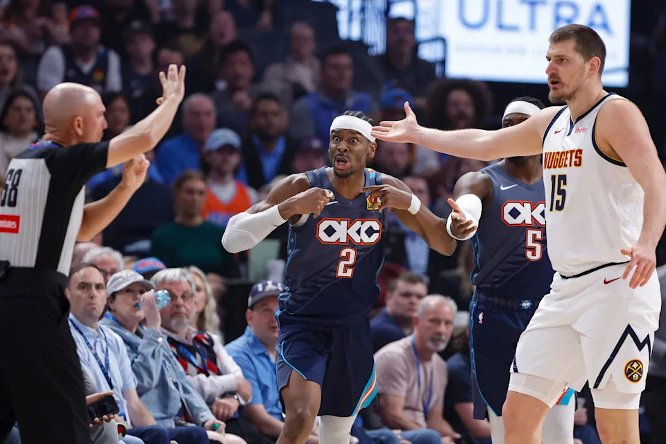 Feb 27, 2026; Oklahoma City, Oklahoma, USA; Oklahoma City Thunder guard Shai Gilgeous-Alexander (2) reacts after a call against him after a play against Denver Nuggets center Nikola Jokić (15) during the first quarter at Paycom Center. Mandatory Credit: Alonzo Adams-Imagn Images