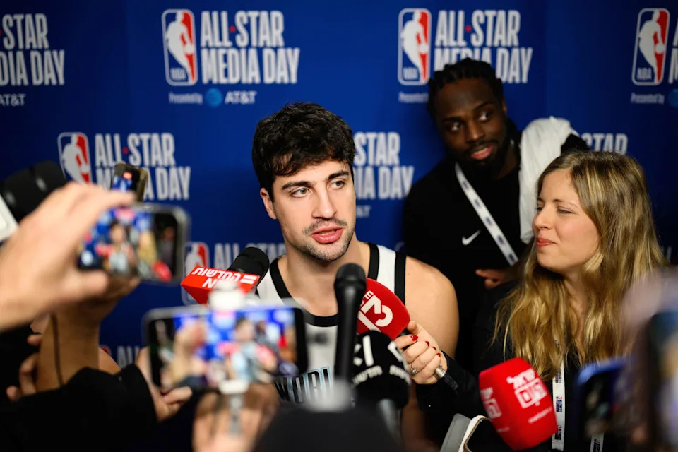 Feb 14, 2026; Inglewood, California, USA; Deni Avdija speaks during interviews at media day at Intuit Dome. Mandatory Credit: William Liang-Imagn Images