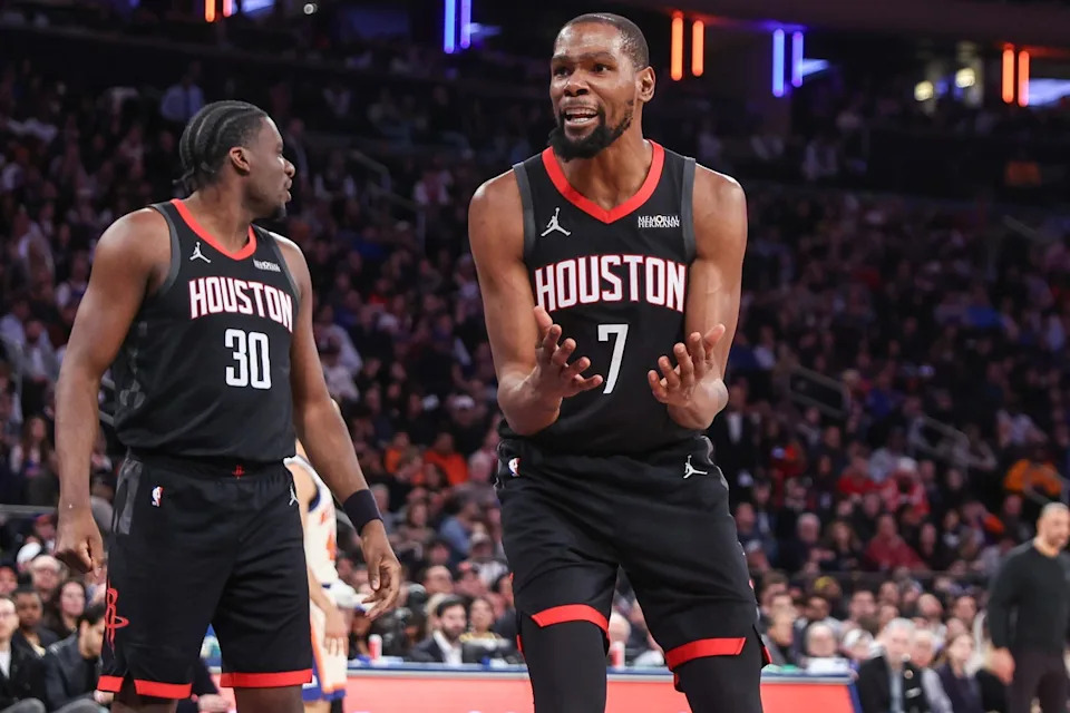 Feb 21, 2026; New York, New York, USA; Houston Rockets forward Kevin Durant (7) reacts to a call in the third quarter against the New York Knicks at Madison Square Garden. Mandatory Credit: Wendell Cruz-Imagn Images
