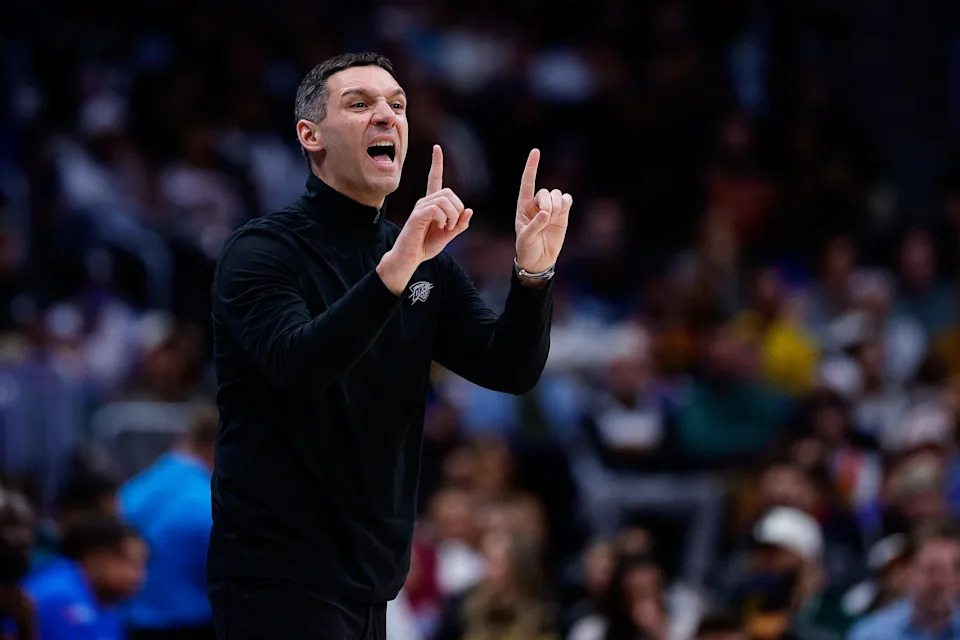 Feb 1, 2026; Denver, Colorado, USA; Oklahoma City Thunder head coach Mark Daigneault gestures in the fourth quarter against the Denver Nuggets at Ball Arena. Mandatory Credit: Isaiah J. Downing-Imagn Images