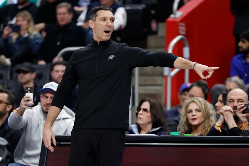 Feb 25, 2026; Detroit, Michigan, USA; Oklahoma City Thunder head coach Mark Daigneault reacts in the first half against the Detroit Pistons at Little Caesars Arena. Mandatory Credit: Rick Osentoski-Imagn Images