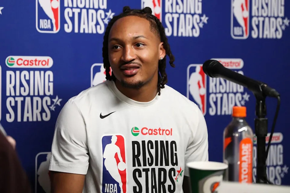 Sioux Falls Skyforce guard Jahmir Young (17) talks to reporters during NBA Rising Stars Media Day on February 13, 2026 in Inglewood, CA.