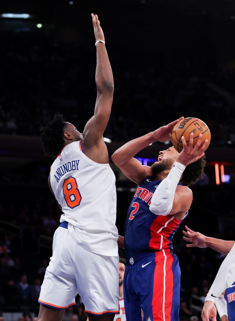 OG Anunoby defends during the Knicks’ loss to the Pistons on Feb. 19, 2026. Getty Images