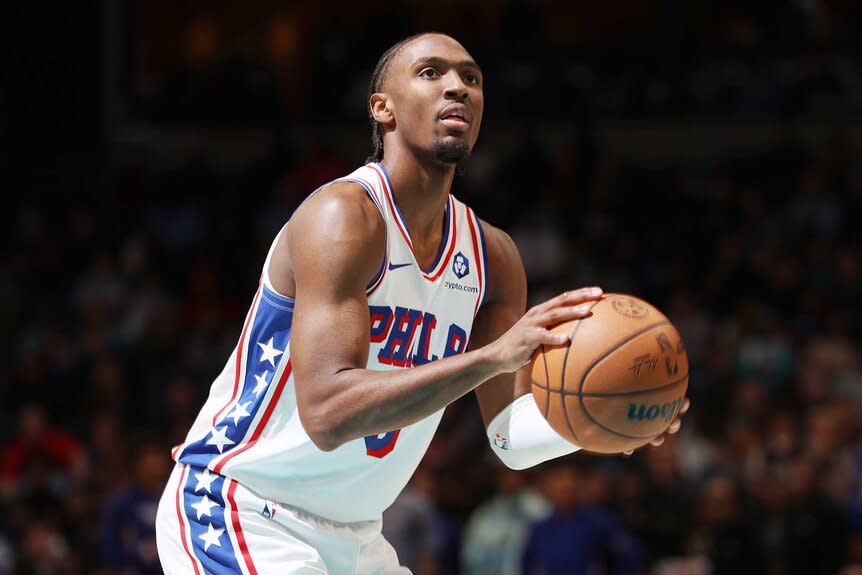 Tyrese Maxey of the Philadelphia 76ers shoots a free throw during the game against the Memphis Grizzlies.