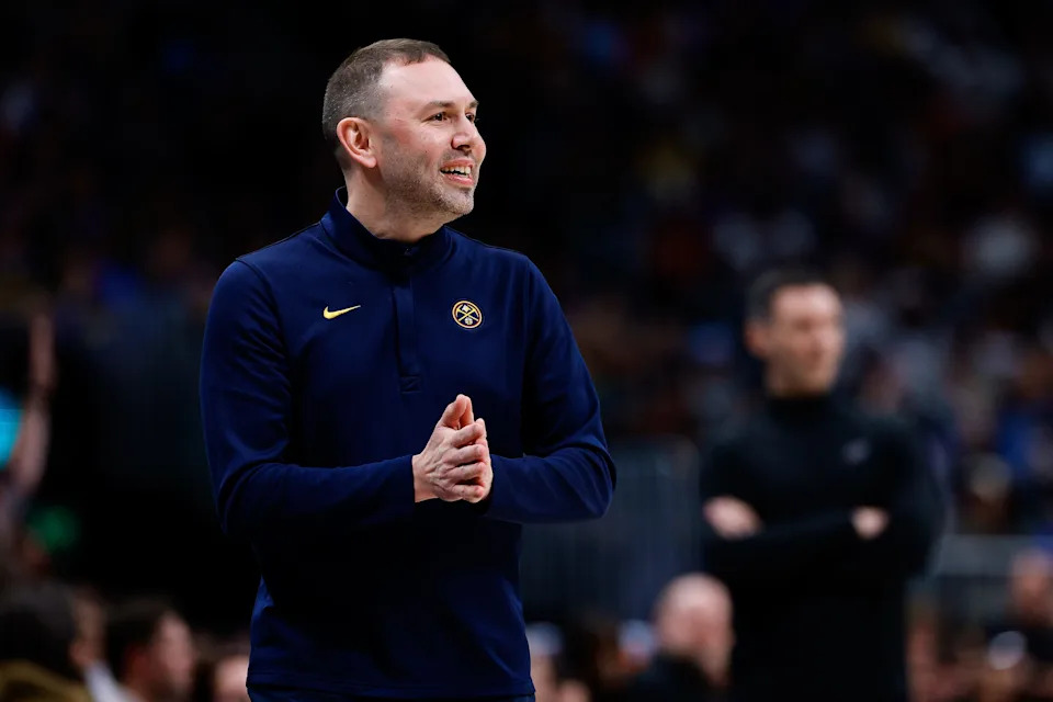 Feb 1, 2026; Denver, Colorado, USA; Denver Nuggets head coach David Adelman reacts in the first quarter against the Oklahoma City Thunder at Ball Arena. Mandatory Credit: Isaiah J. Downing-Imagn Images