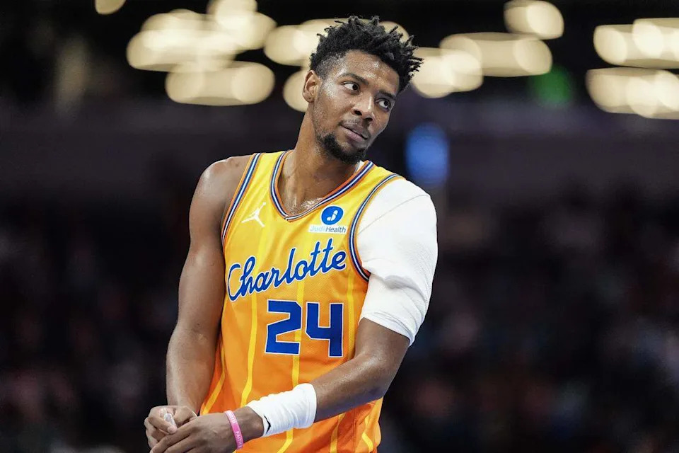 Charlotte Hornets forward Brandon Miller (24) looks on during the first half of an NBA basketball game against the Cleveland Cavaliers, Friday, Feb. 20, 2026, in Charlotte, N.C.
