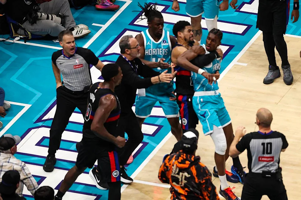 Hornets-Pistons fight breaks out on Feb. 9, 2026. David Jensen/Getty