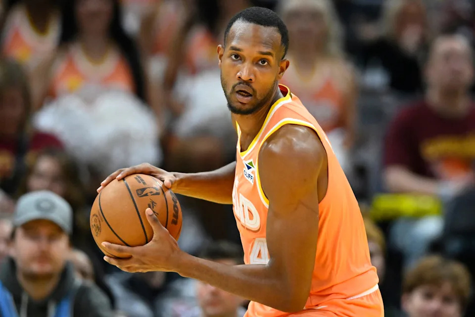 Jan 26, 2026; Cleveland, Ohio, USA; Cleveland Cavaliers center Evan Mobley (4) looks up court in the third quarter against the Orlando Magic at Rocket Arena. Mandatory Credit: David Richard-Imagn Images
