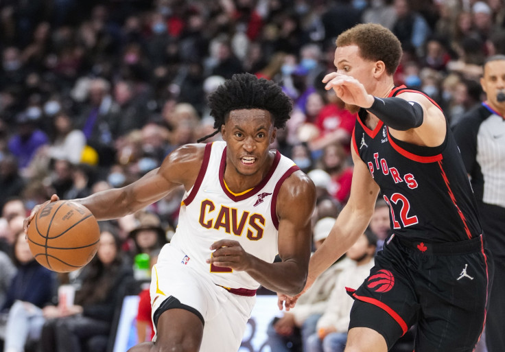 Collin Sexton #2 of the Cleveland Cavaliers dribbles against the Malachi Flynn #22 of the Toronto Raptors during the first half of their basketball game at the Scotiabank Arena on November 5, 2021 in Toronto, Ontario, Canada.