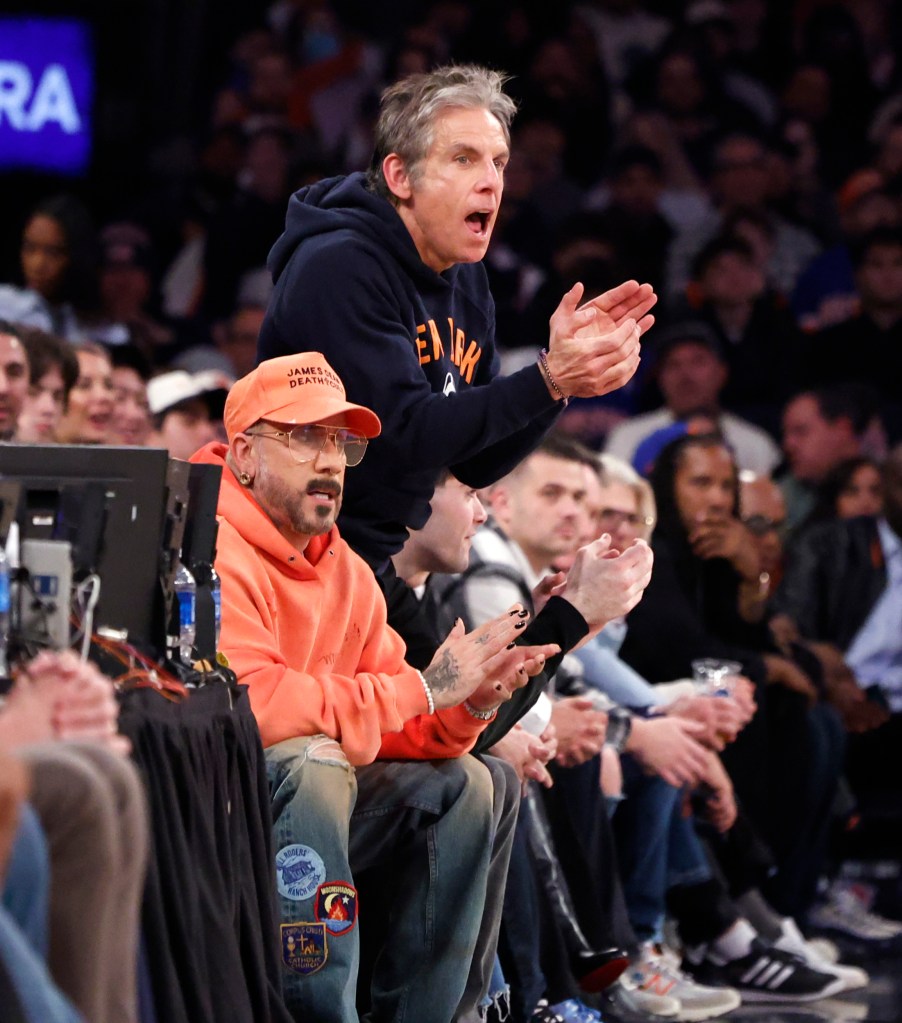 Ben Stiller (standing) cheers on the Knicks against the Suns on Jan. 17, 2026.