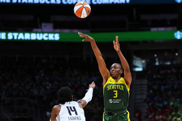 Seattle Storm forward Nneka Ogwumike shoots against Golden State Valkyries center Temi Fagbenle on Wednesday, July 16, 2025, in Seattle. (AP Photo/Lindsey Wasson)