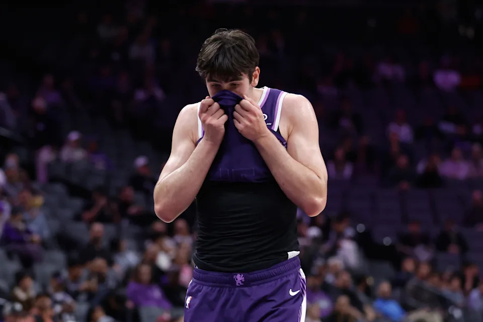 SACRAMENTO, CALIFORNIA - FEBRUARY 19: Maxime Raynaud #42 of the Sacramento Kings looks on in the fourth quarter against the Orlando Magic at Golden 1 Center on February 19, 2026 in Sacramento, California. NOTE TO USER: User expressly acknowledges and agrees that, by downloading and or using this photograph, User is consenting to the terms and conditions of the Getty Images License Agreement. (Photo by Lachlan Cunningham/Getty Images)