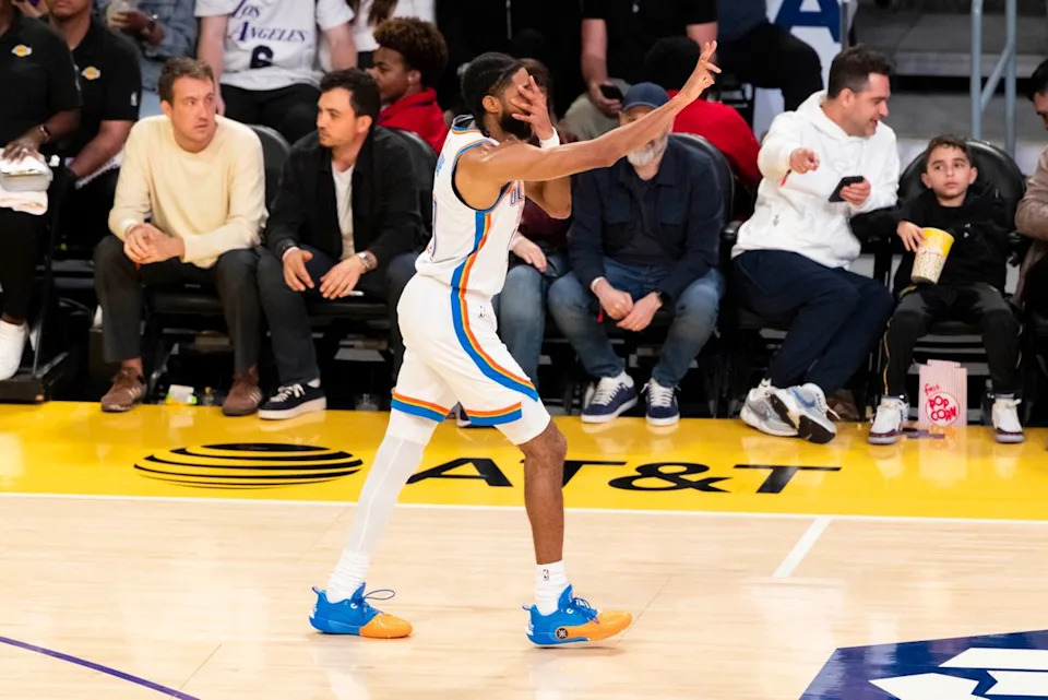 Isaiah Joe #11 of the Oklahoma City Thunder celebrates a made three point shot during an NBA basketball game against the Los Angeles Lakers, Monday February 9, 2026 in Los Angeles, Calif.