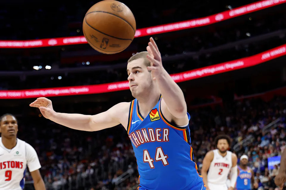 Feb 25, 2026; Detroit, Michigan, USA; Oklahoma City Thunder guard Nikola Topic (44) goes for the rebound in the second half against the Detroit Pistons at Little Caesars Arena. Mandatory Credit: Rick Osentoski-Imagn Images