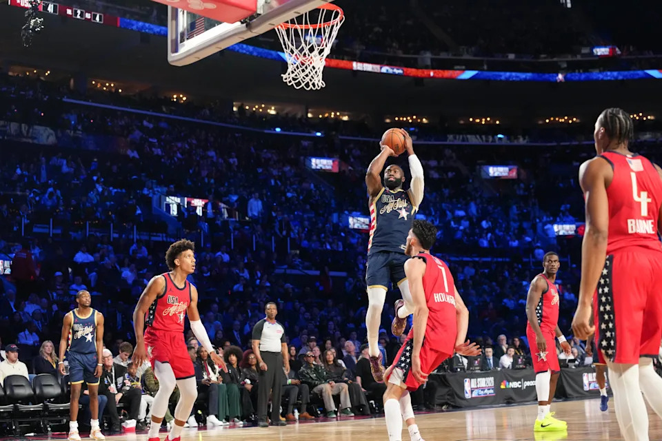 Feb 15, 2026; Inglewood, California, USA; Team USA Stripes forward Jaylen Brown (7) of the Boston Celtics shoots over Team USA Stars center Chet Holmgren (7) of the Oklahoma City Thunder in game four during the 75th NBA All Star Game at Intuit Dome. Mandatory Credit: Kirby Lee-Imagn Images