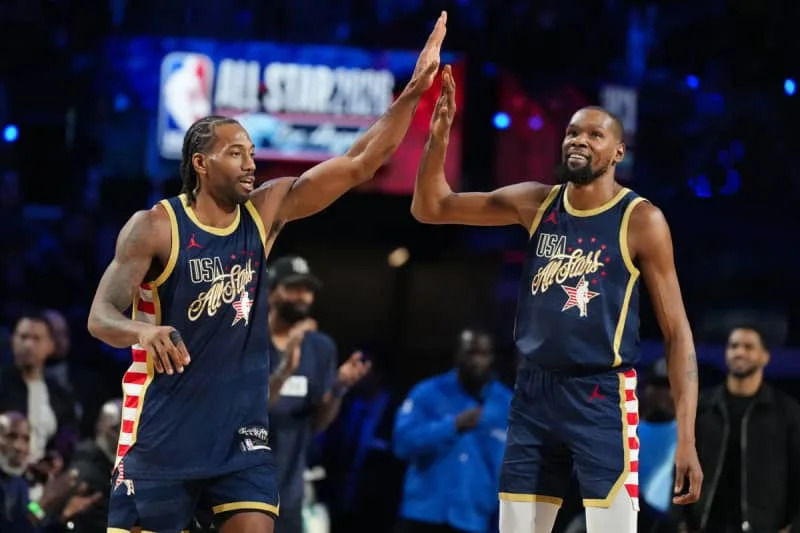 Feb 15, 2026; Inglewood, California, USA; Team USA Stripes forward Kawhi Leonard (2) of the LA Clippers reacts after scoring a three pointer against Team World during the 75th NBA All Star Game at Intuit Dome. Mandatory Credit: Kirby Lee-Imagn Images