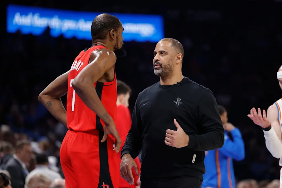 Feb 7, 2026; Oklahoma City, Oklahoma, USA; Houston Rockets Head Coach Ime Udoka talks to Houston Rockets forward Kevin Durant (7) during a time out against the Oklahoma City Thunder in the second half at Paycom Center. Mandatory Credit: Alonzo Adams-Imagn Images