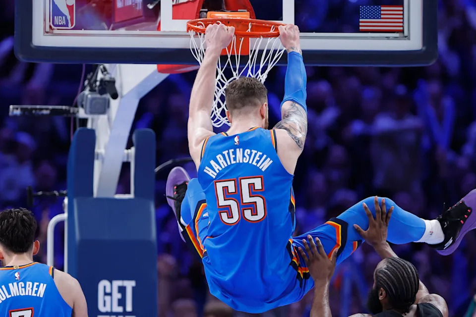 Feb 22, 2026; Oklahoma City, Oklahoma, USA; Oklahoma City Thunder center/forward Isaiah Hartenstein (55) dunks against the Cleveland Cavaliers during the second half at Paycom Center. Mandatory Credit: Alonzo Adams-Imagn Images