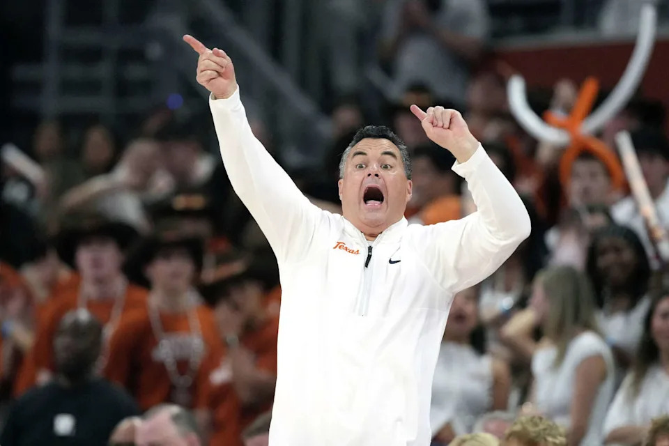 Texas head Coach Sean Miller reminds players of one-an-one foul shots during the second half against LSU Tigers at Moody Center on Feb. 17, 2026 in Austin, Texas. (Scott Wachter/Getty Images)