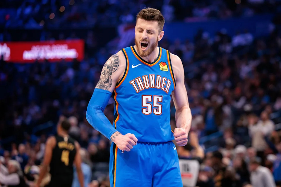 OKLAHOMA CITY, OKLAHOMA - FEBRUARY 22: Isaiah Hartenstein #55 of the Oklahoma City Thunder reacts to play during the first half against the Cleveland Cavaliers at Paycom Center on February 22, 2026 in Oklahoma City, Oklahoma. NOTE TO USER: User expressly acknowledges and agrees that, by downloading and or using this photograph, User is consenting to the terms and conditions of the Getty Images License Agreement. (Photo by William Purnell/Getty Images)