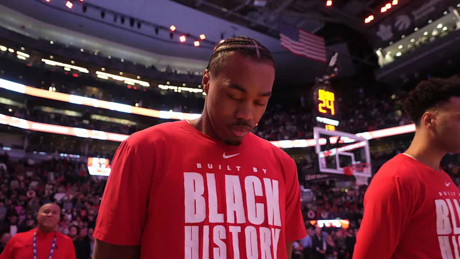 Toronto Raptors guard Scottie Barnes during the anthems before a game against the Detroit Pistons
