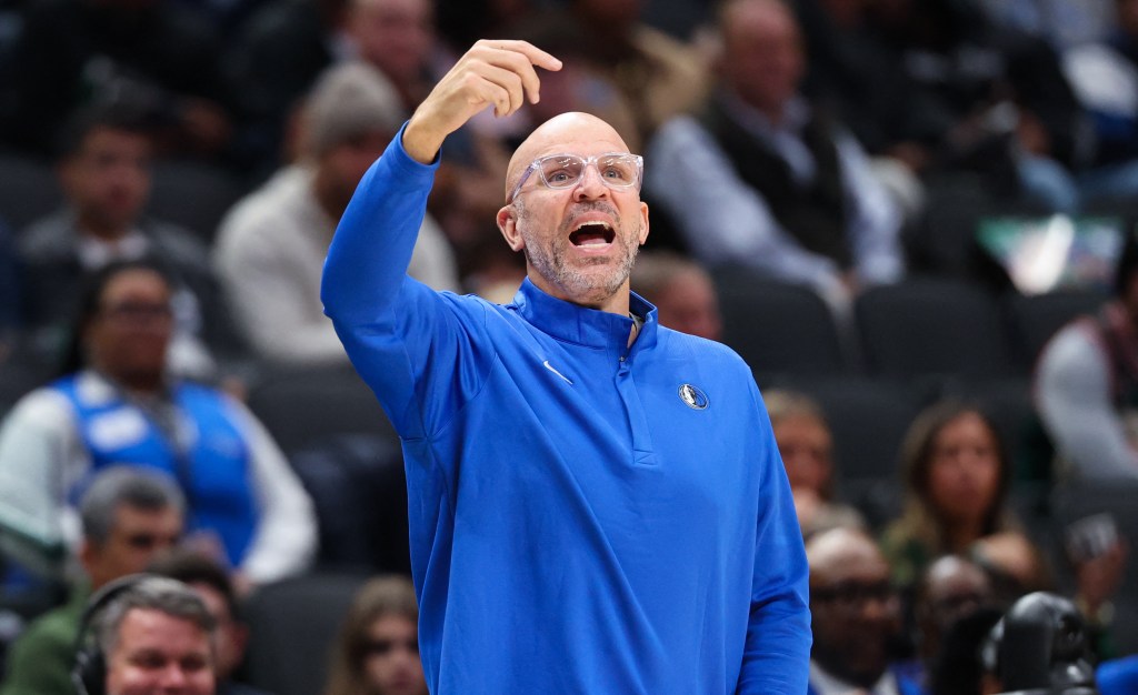 Dallas Mavericks head coach Jason Kidd reacting during a game.