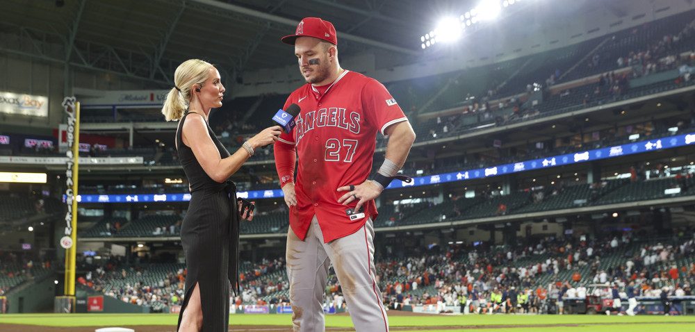 HOUSTON, TX - AUGUST 31:  Fan Duel reporter Erica Weston interviews Los Angeles Angels designated hitter Mike Trout (27) after the MLB game between the Los Angeles Angels and Houston Astros on August 31, 2025 at Daikin Park in Houston, Texas.  (Photo by Leslie Plaza Johnson/Icon Sportswire)