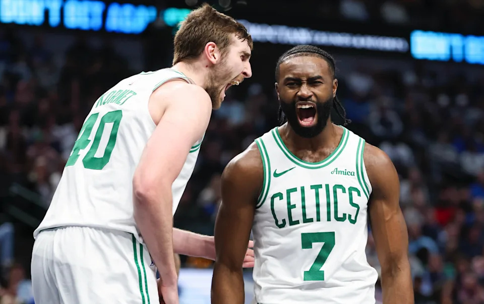 Boston Celtics guard Jaylen Brown and center Luke KornetKevin Jairaj-Imagn Images