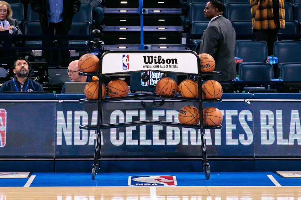 OKLAHOMA CITY, OKLAHOMA - FEBRUARY 22: A view of practice balls courtside prior to the game between the Oklahoma City Thunder and the Cleveland Cavaliers at Paycom Center on February 22, 2026 in Oklahoma City, Oklahoma. NOTE TO USER: User expressly acknowledges and agrees that, by downloading and or using this photograph, User is consenting to the terms and conditions of the Getty Images License Agreement. (Photo by William Purnell/Getty Images)