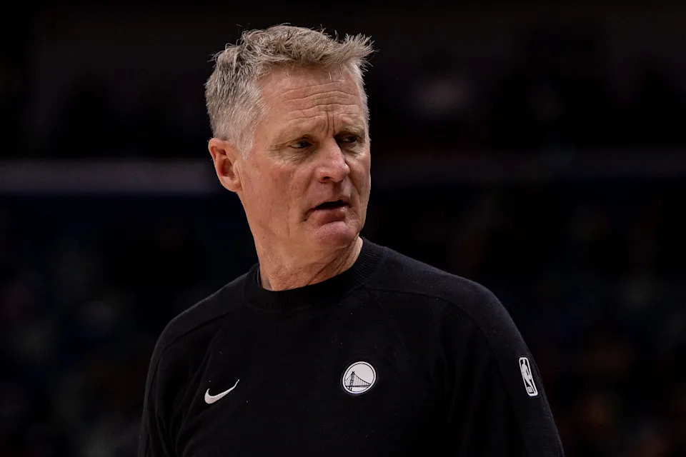 Feb 24, 2026; New Orleans, Louisiana, USA; Golden State Warriors Head Coach Steve Kerr looks on against the New Orleans Pelicans during the second half at Smoothie King Center. Mandatory Credit: Stephen Lew-Imagn Images