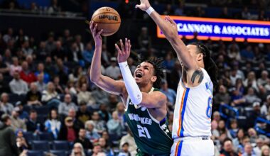 Milwaukee Bucks forward Ousmane Dieng (21) shoots against Oklahoma City Thunder forward Jaylin Williams during the first half of an NBA basketball game Thursday, Feb. 12, 2026, in Oklahoma City.