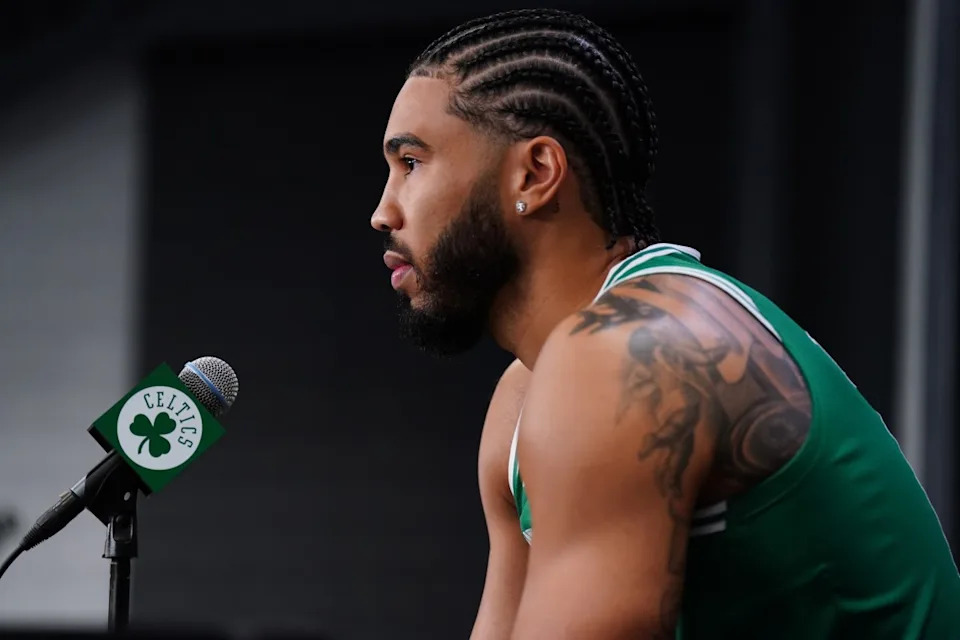 Boston Celtics forward Jayson Tatum speaks with reporters during media day at the Auerbach Center on Sept. 29, 2025.David Butler II-Imagn Images